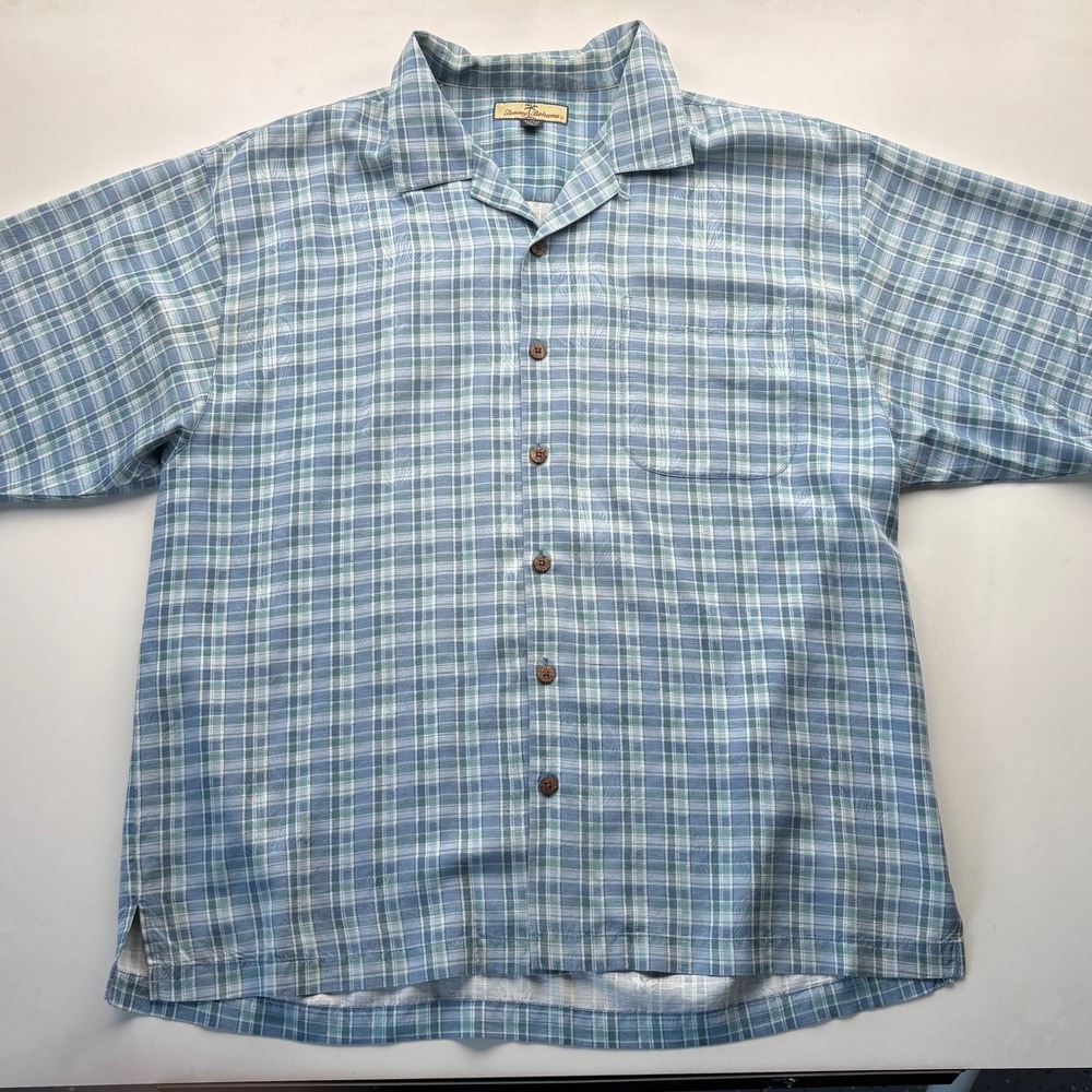 Tommy Bahama Mens Silk Plaid Short Sleeve Button Up Shirt XL Relaxed Fit Aloha